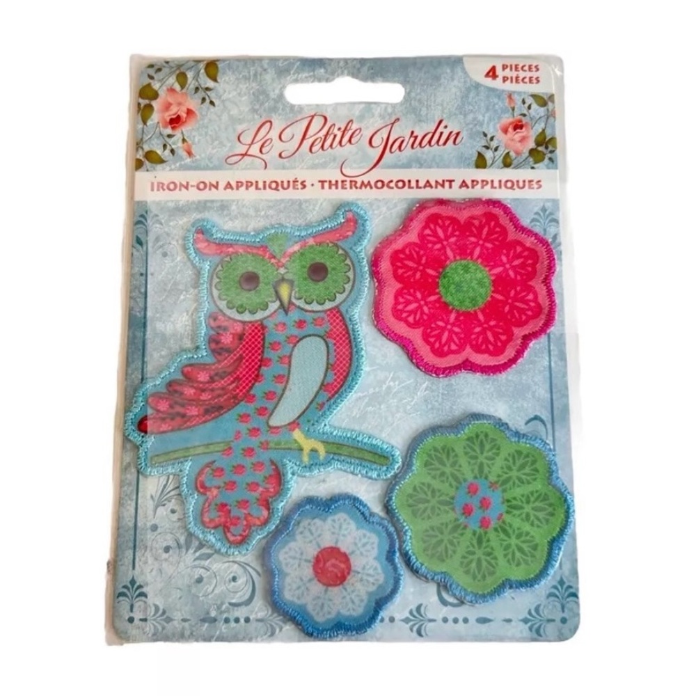Owl & Flower Embroidered Iron On Patches Whimsical Nature Design 4pcs Le Petite